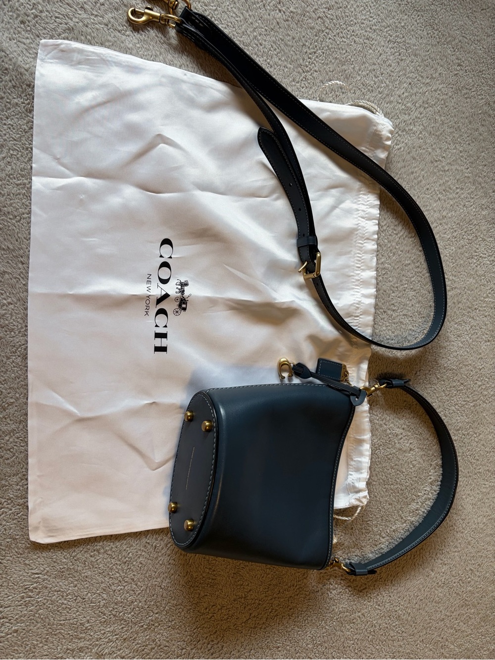 Coach Navy Blue Leather Pebbled Crossbody Bag with Gold Hardware